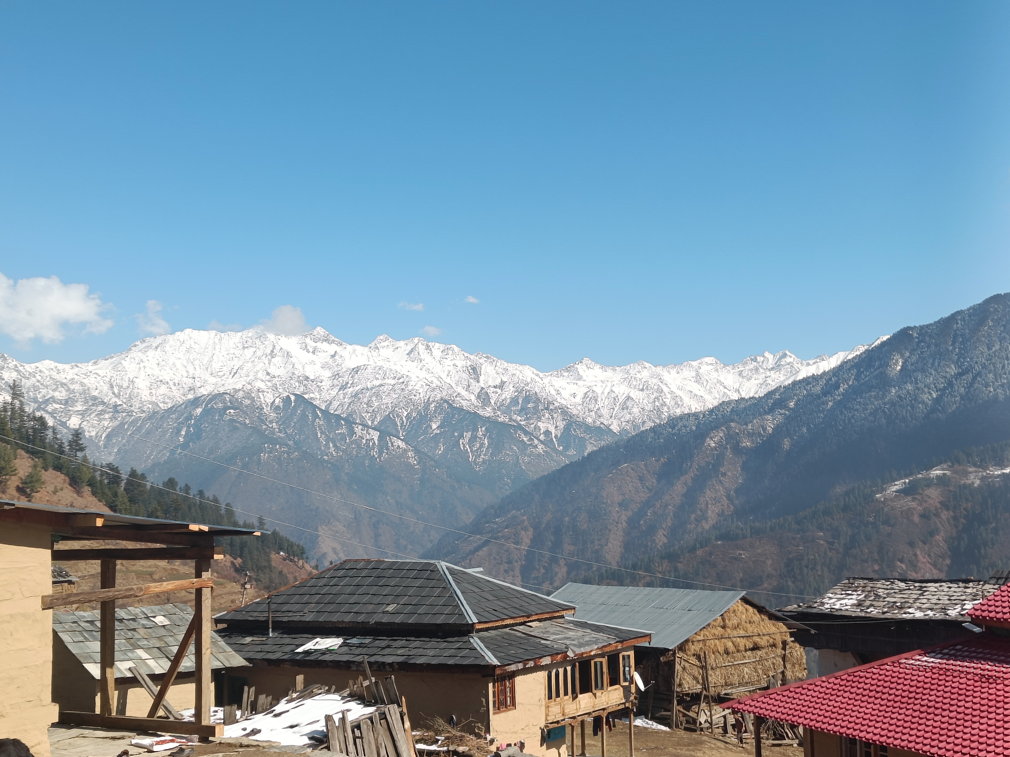 Snow-clad Himalayan peaks behind Sharchi village